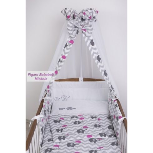 4 részes bébi ágynemű garnitúra muszlin függönnyel "Esernyős elefánt rózsaszín"