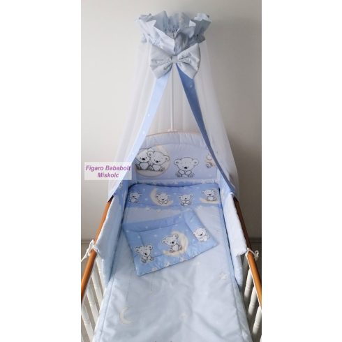 4 részes bébi ágynemű garnitúra muszlin függönnyel "Holdas maci-kék"