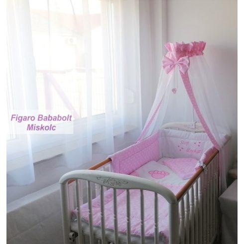 4 részes bébi ágynemű garnitúra muszlin függönnyel "Rózsaszín Panna"